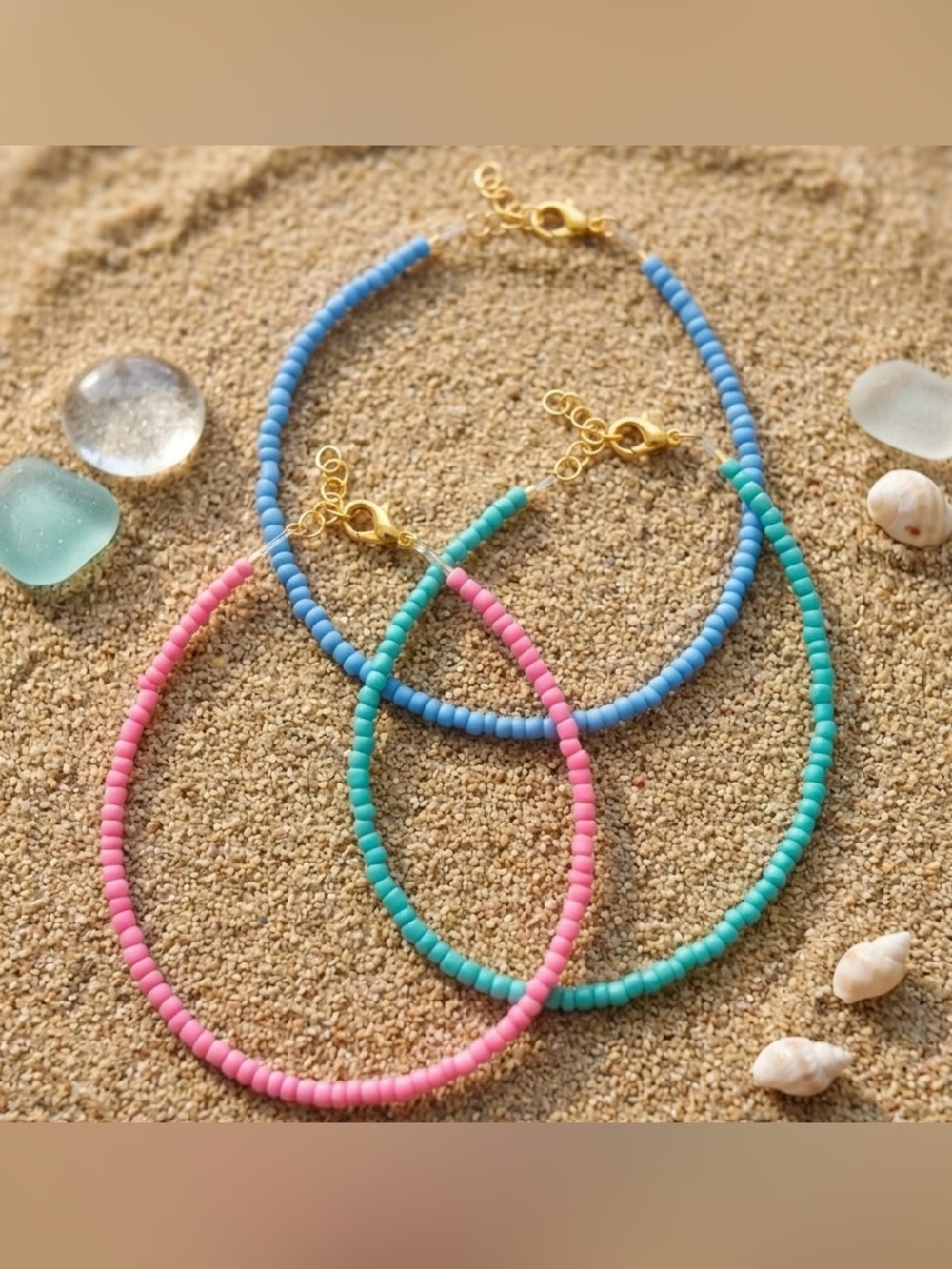Gold-Accent Pink, Blue & Turquoise Beaded Adjustable Ankle Bracelet Set of 3 - Picture 2 of 5